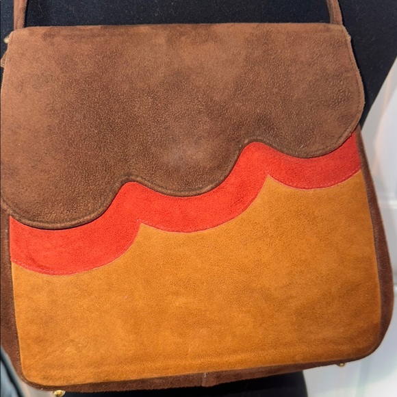 Vintage Brown and Red Suede Shoulder Bag w/ unique scalloped flap & snap button - Picture 10 of 10